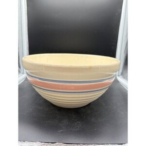 Vintage Yellowware Mixing Bowl USA Ribbed Beehive Blue Pink Stripes Stoneware
